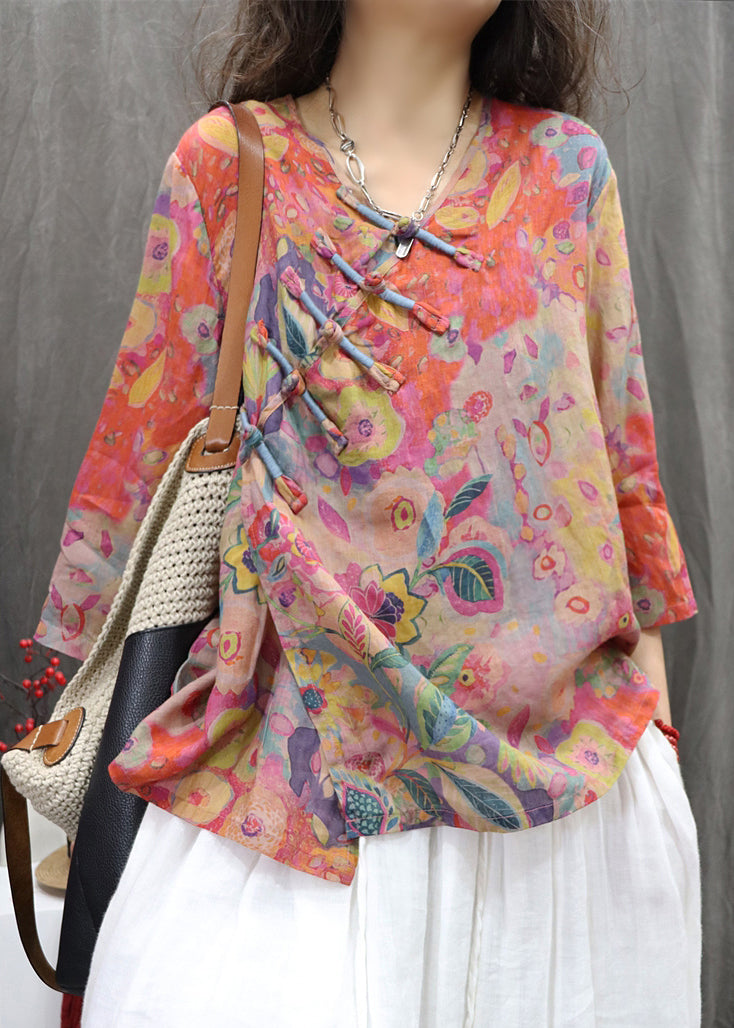 Lin Dress with Orange Print and V Neck Sleeves - EasyApparels