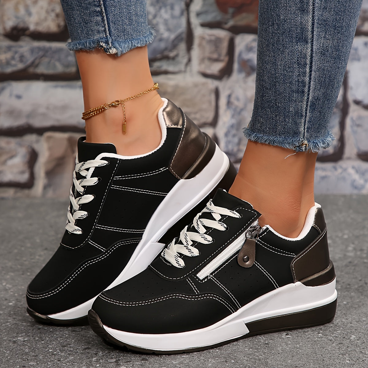 Comfortable Women's Low Top Shoes - Zip Detail Sneakers