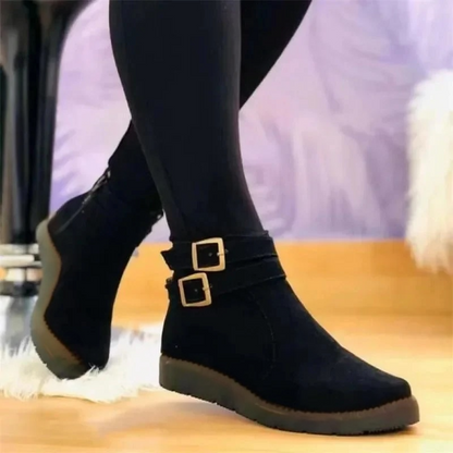 Ladies Low Heel Double Buckle Ankle Boots - Vossary