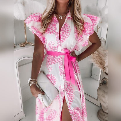 Flowy Women's Maxi Dress with V Neck and Belt - EasyApparels