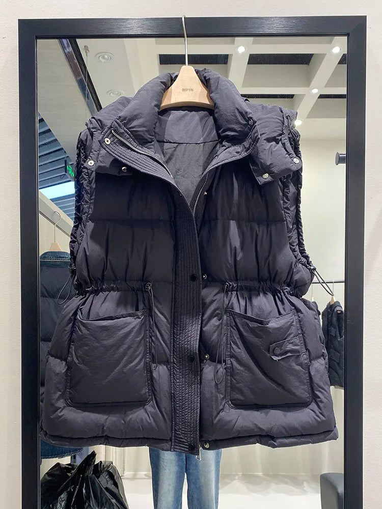 Warm Women's Down Puffer Vest - Hooded Winter Jacket