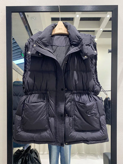 Warm Women's Down Puffer Vest - Hooded Winter Jacket