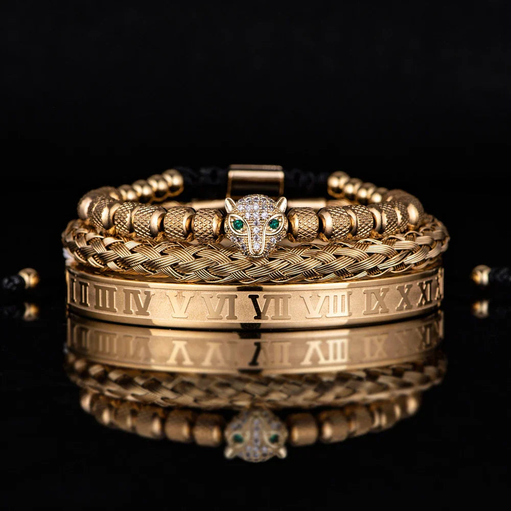 Elegant Panther Charm Braided Bangle Set