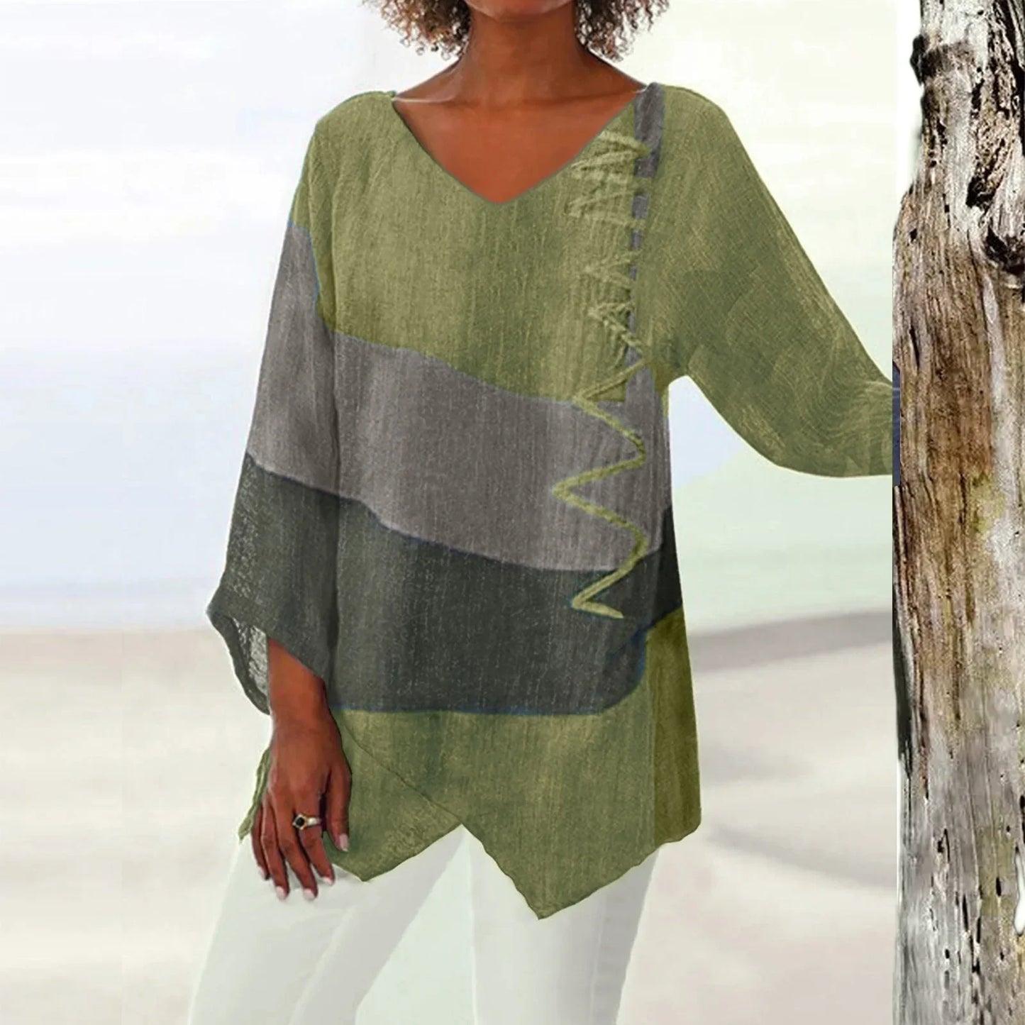 Trendy Ladies V Neck Long Sleeve Patchwork Tee