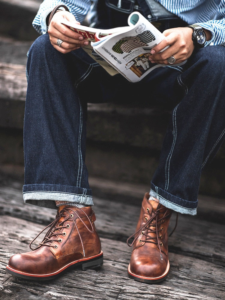 Tough Leather Ankle Boots for Men - Lace Up Style - Luxicro