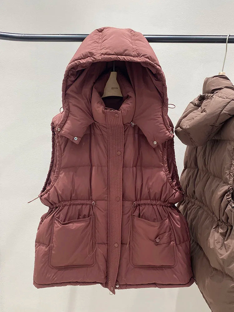 Warm Women's Down Puffer Vest - Hooded Winter Jacket