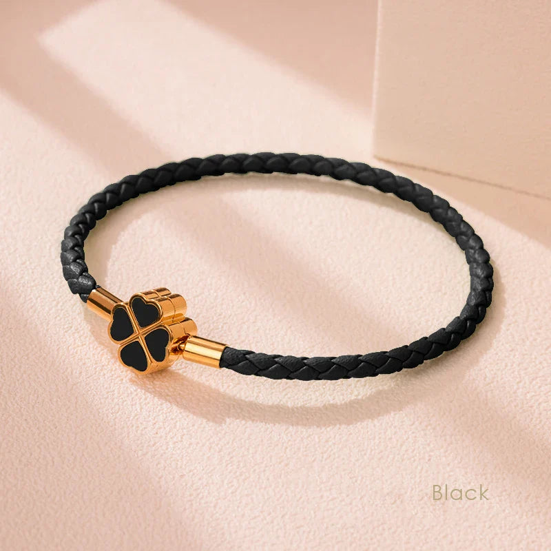 Good Luck Leather Braid Clover Charm Bracelet