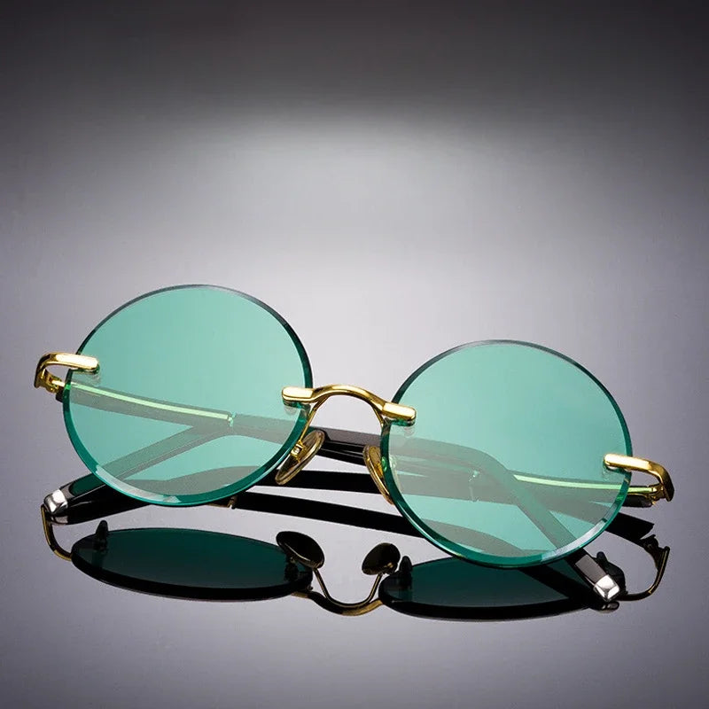 Trendy Round Frameless Shades Dark Green Lens - Luxicro