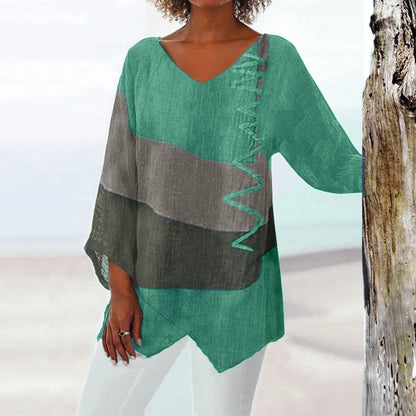 Trendy Ladies V Neck Long Sleeve Patchwork Tee