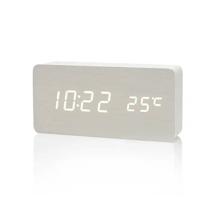 Compact LED Wooden Desk Clock with Temp Display