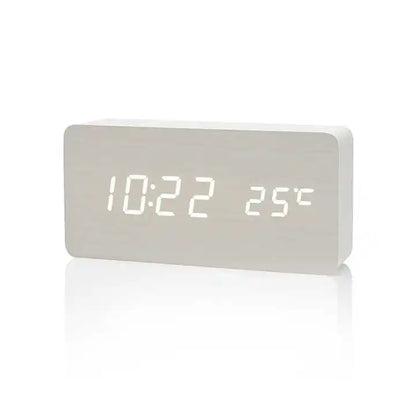 Compact LED Wooden Desk Clock with Temp Display