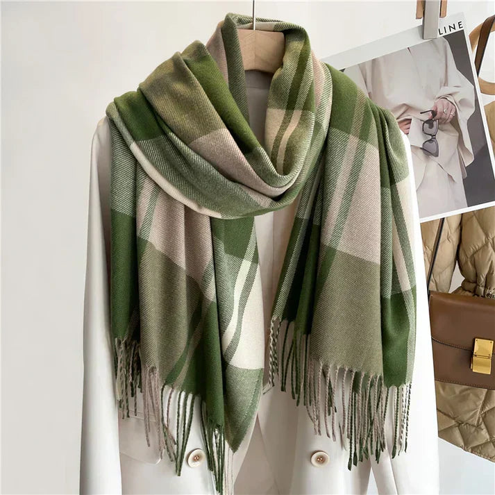 Large Plaid Scarf - Cozy Wool, Fringed Accessory