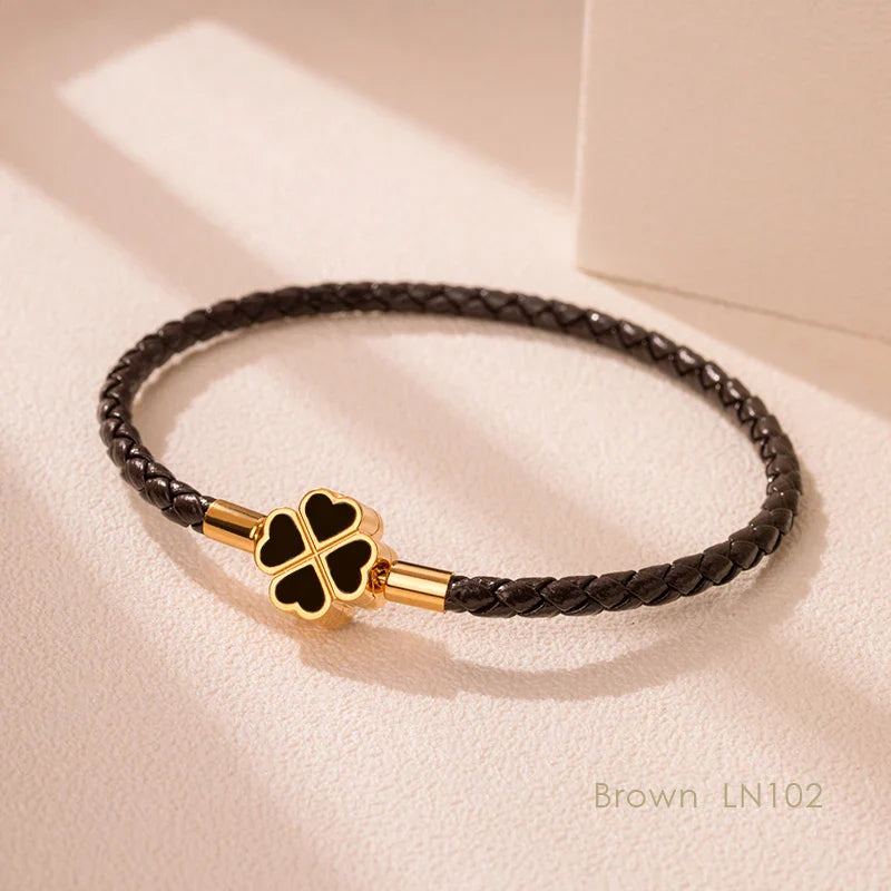 Good Luck Leather Braid Clover Charm Bracelet