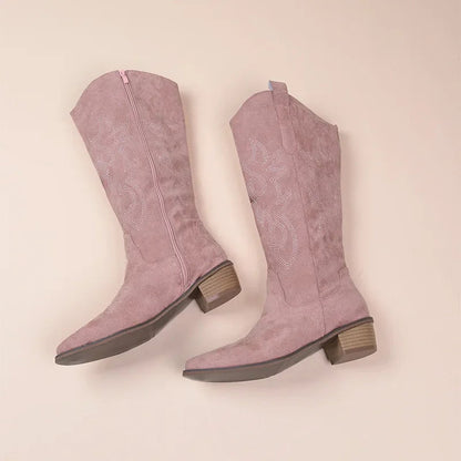 Ladies Suede Western Boots Mid Calf Low Heel