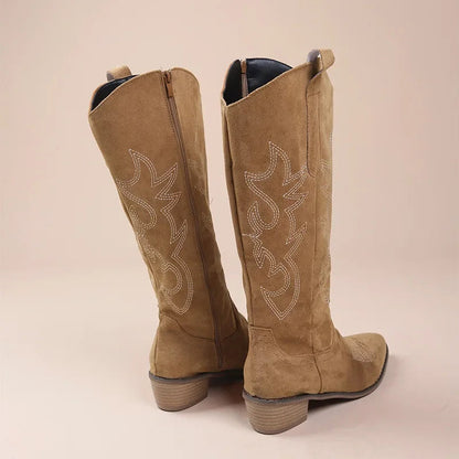 Ladies Suede Western Boots Mid Calf Low Heel