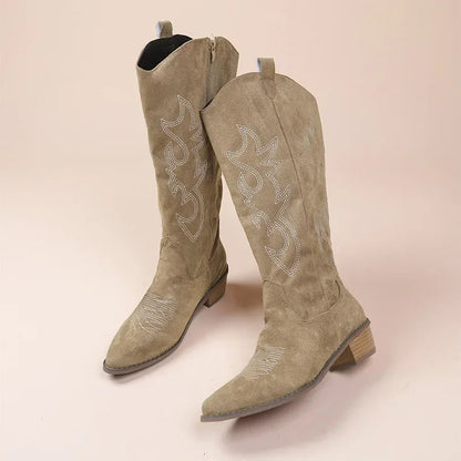 Ladies Suede Western Boots Mid Calf Low Heel