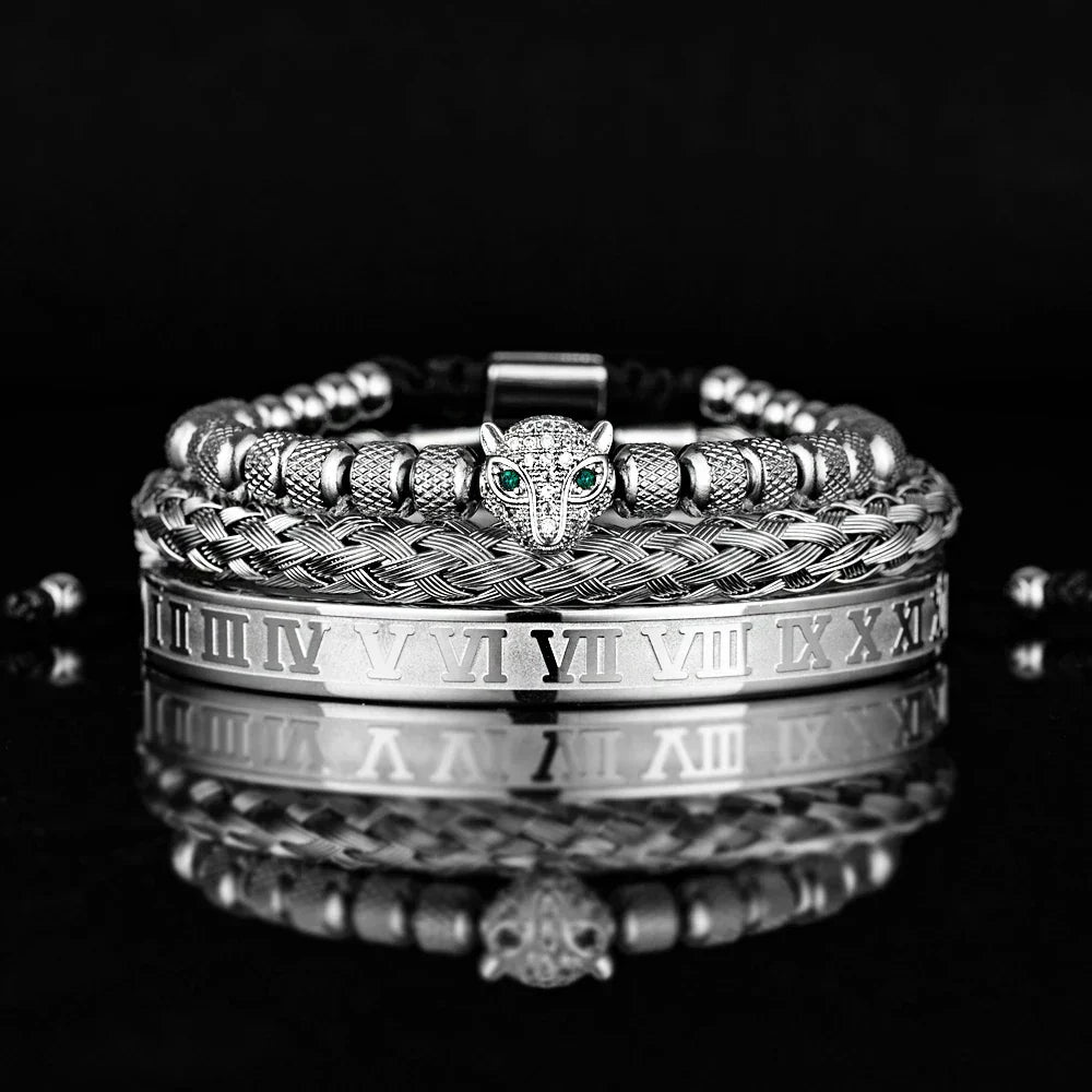 Elegant Panther Charm Braided Bangle Set