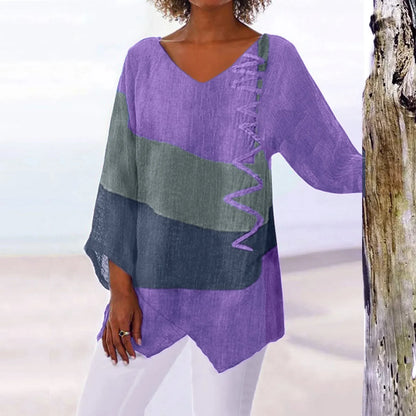 Trendy Ladies V Neck Long Sleeve Patchwork Tee