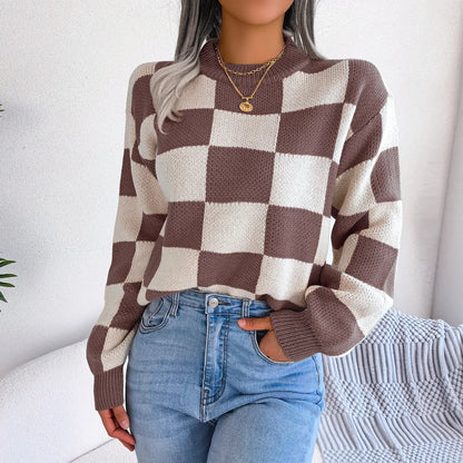 Purple Plaid Crew Neck Warm Sweater