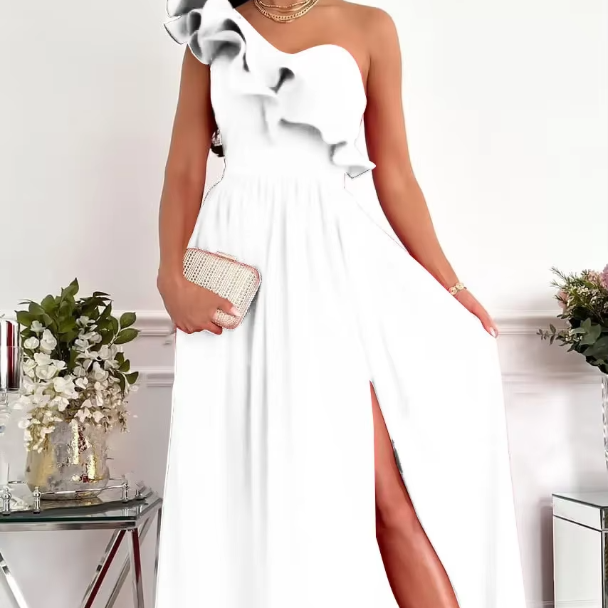 Chic Off Shoulder Maxi Dress with High Side Split - EasyApparels