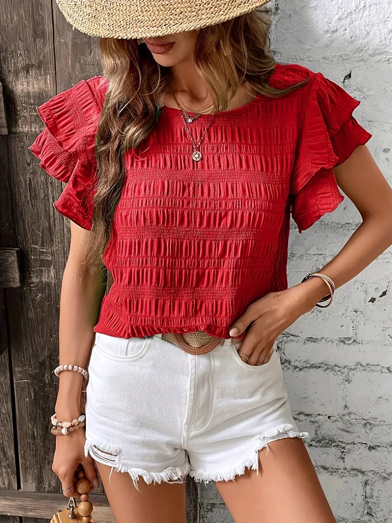 Feminine Ruffled Short Sleeve Blouse