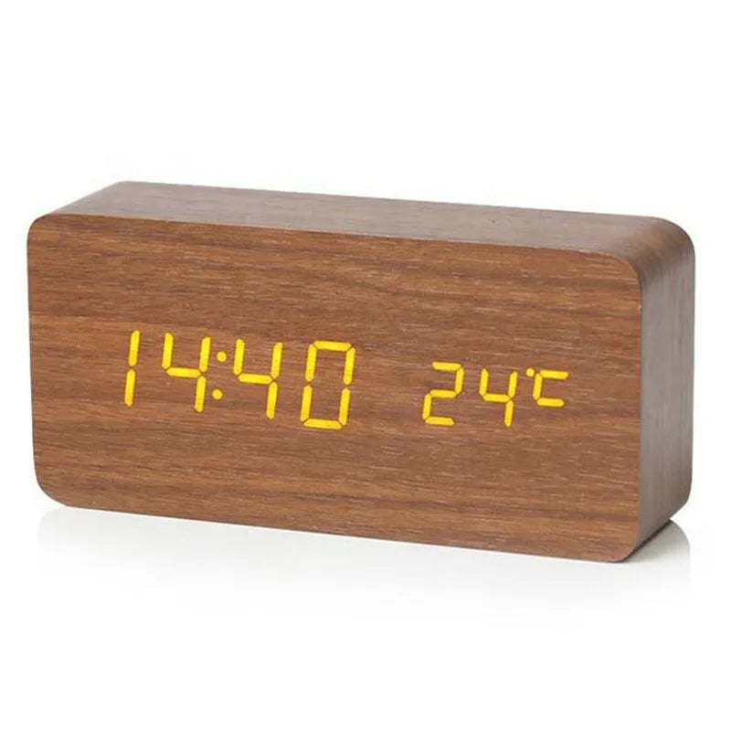 Compact LED Wooden Desk Clock with Temp Display