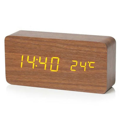 Compact LED Wooden Desk Clock with Temp Display