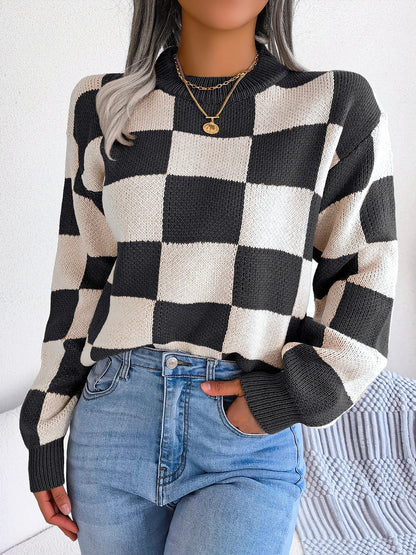 Purple Plaid Crew Neck Warm Sweater