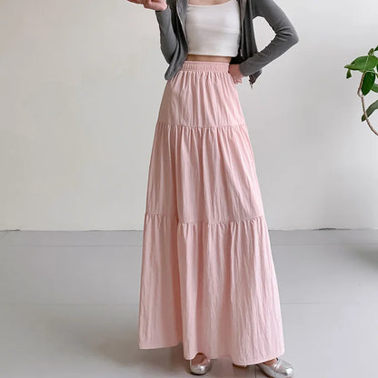Flowy Long Skirt with Elastic Waist and Layered Look