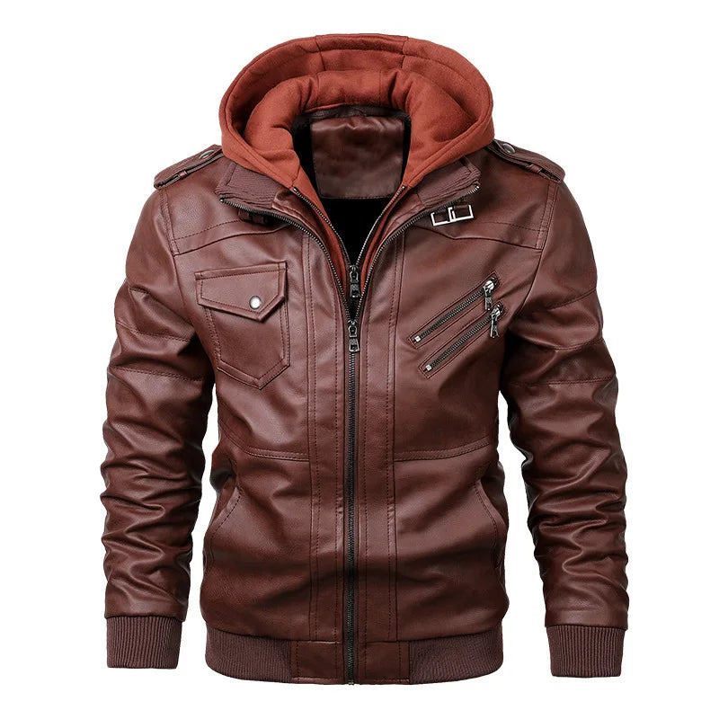 Biker Style Removable Hood Leather Jacket