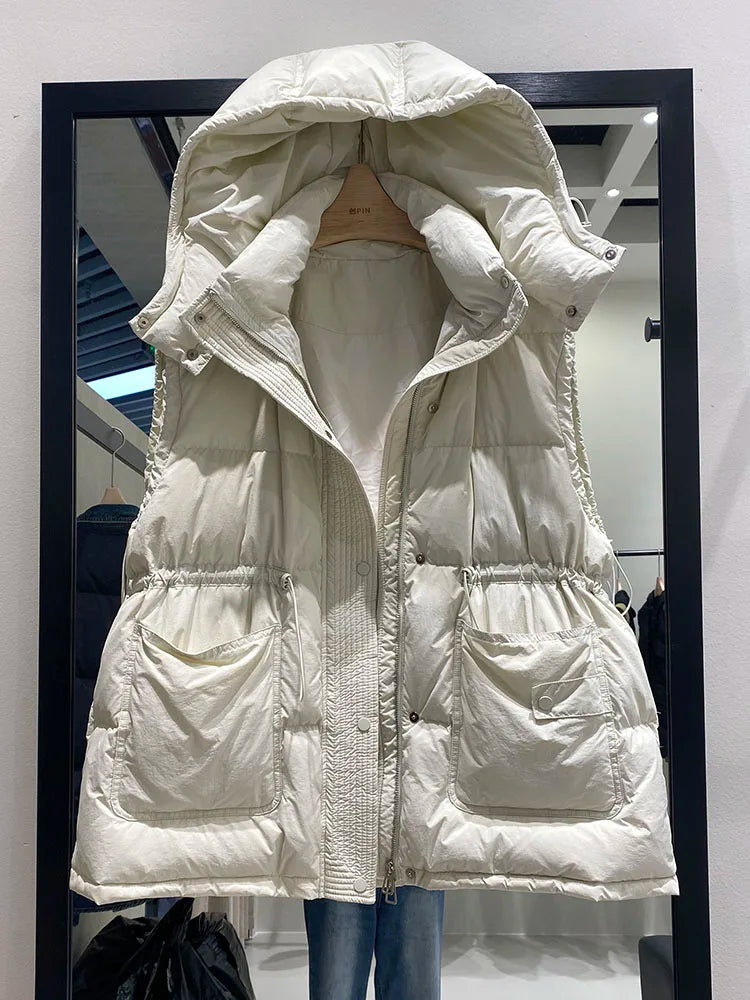 Warm Women's Down Puffer Vest - Hooded Winter Jacket - Luxicro