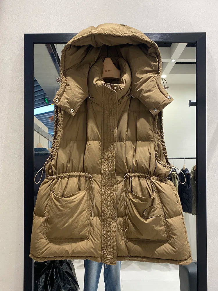 Warm Women's Down Puffer Vest - Hooded Winter Jacket