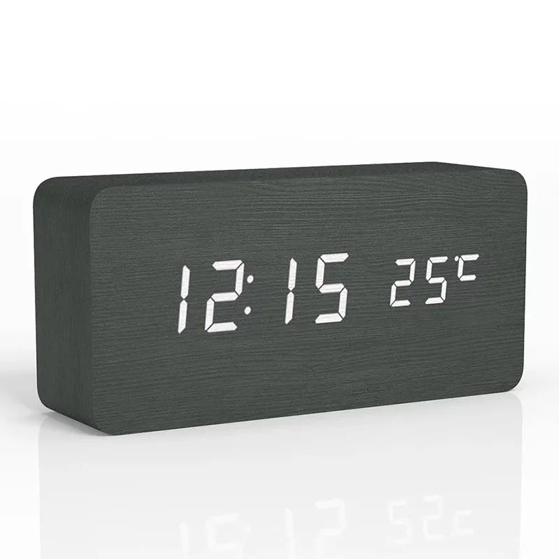 Compact LED Wooden Desk Clock with Temp Display