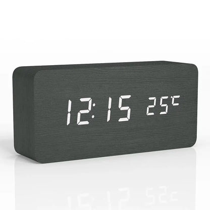 Compact LED Wooden Desk Clock with Temp Display