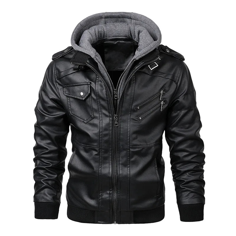 Biker Style Removable Hood Leather Jacket - EasyApparels