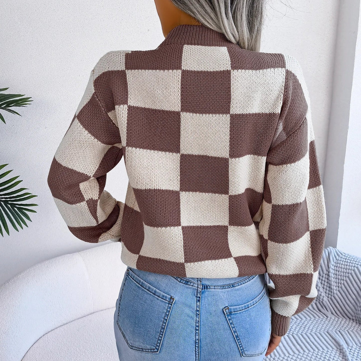 Purple Plaid Crew Neck Warm Sweater