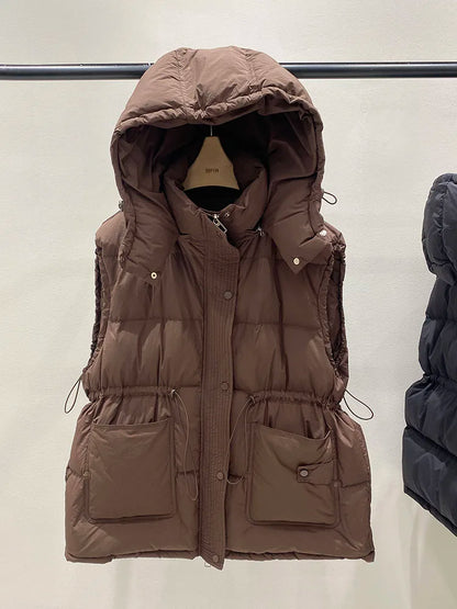 Warm Women's Down Puffer Vest - Hooded Winter Jacket