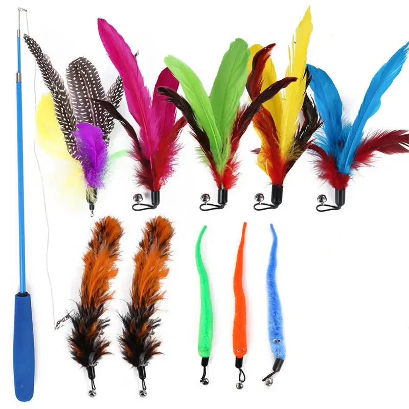 Fun 11-Piece Feather Teaser Cat Toy Set - Luxicro