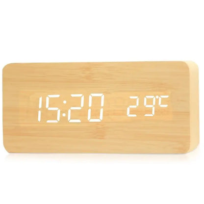 Compact LED Wooden Desk Clock with Temp Display