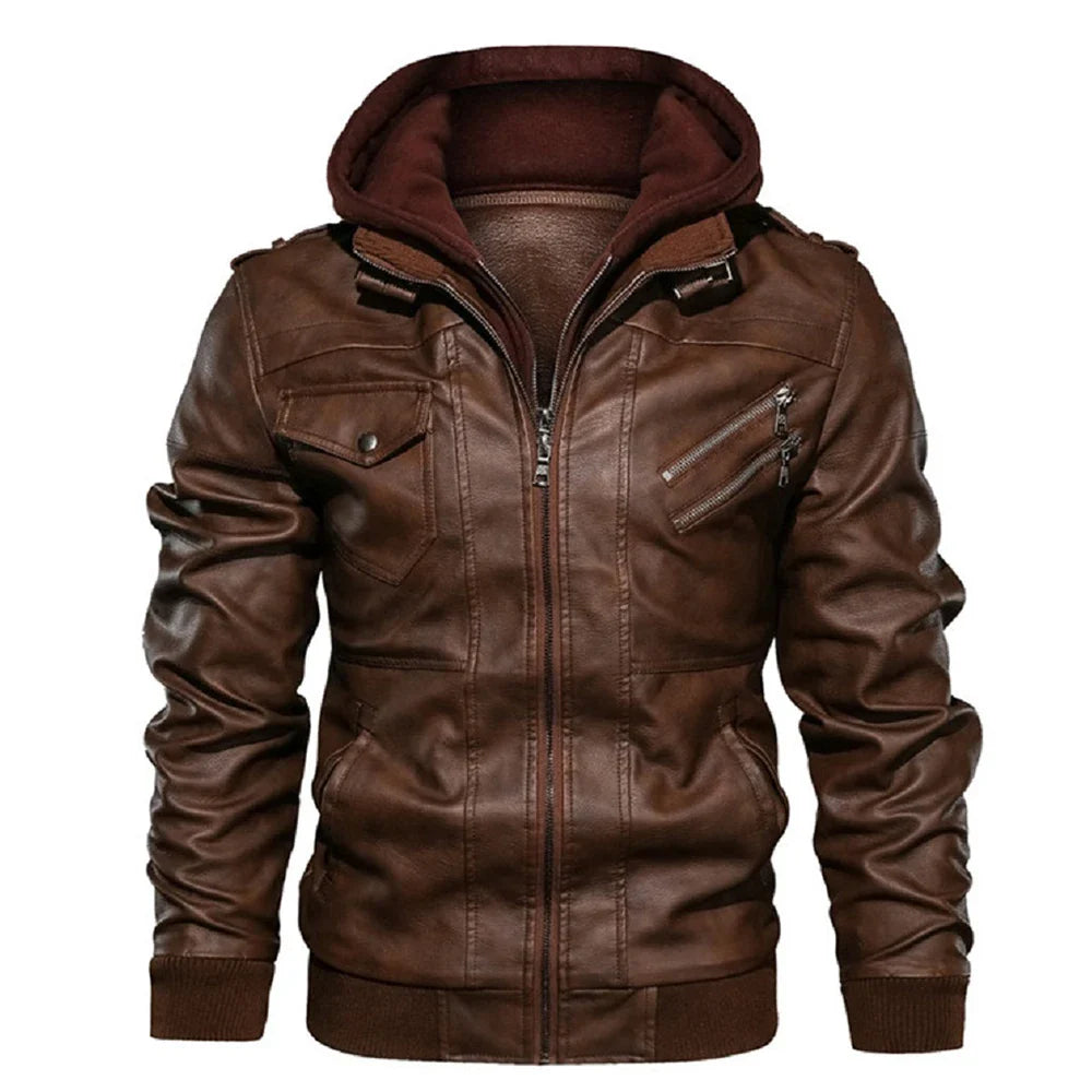 Biker Style Removable Hood Leather Jacket