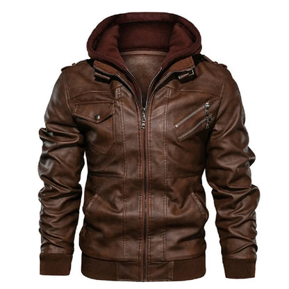 Biker Style Removable Hood Leather Jacket