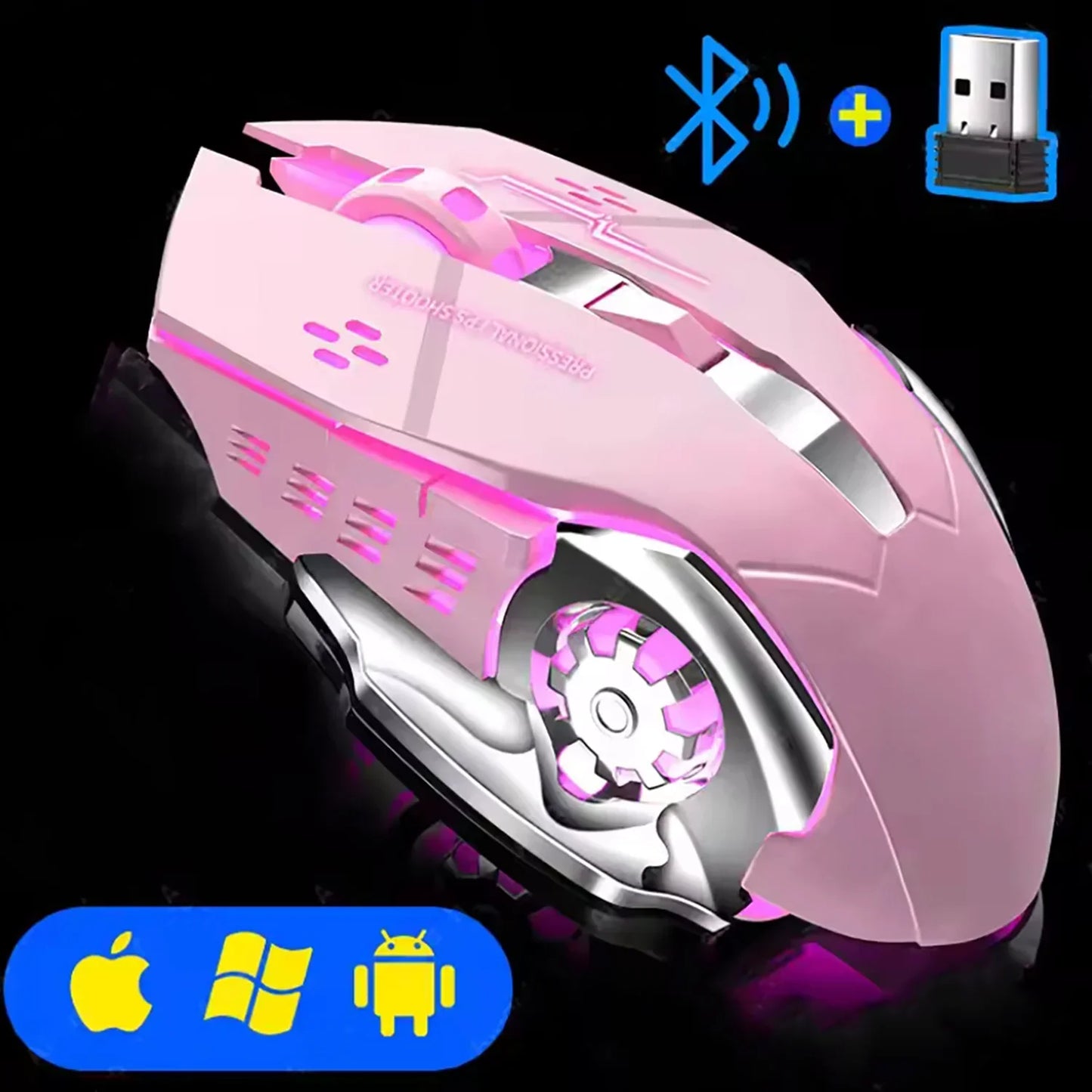 Quiet Cordless Gaming Mouse with Bluetooth and LED Light