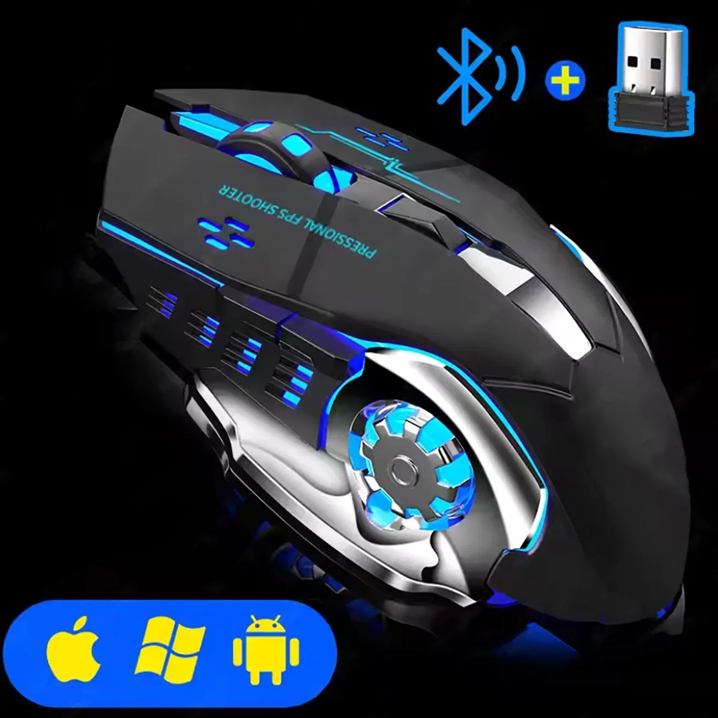 Quiet Cordless Gaming Mouse with Bluetooth and LED Light