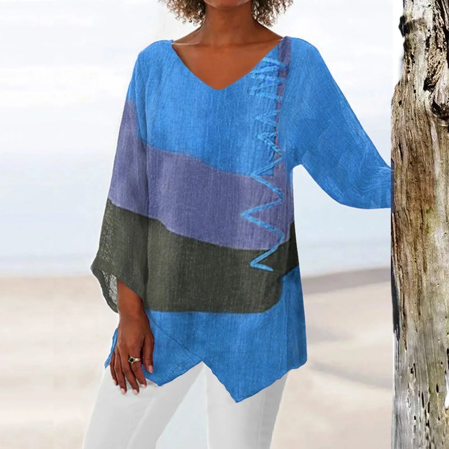 Trendy Ladies V Neck Long Sleeve Patchwork Tee - Luxicro