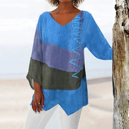 Trendy Ladies V Neck Long Sleeve Patchwork Tee - Luxicro