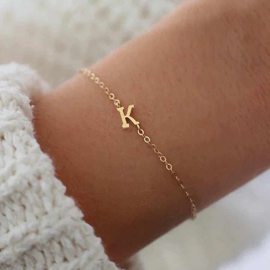 Simple Alphabet Bead Bangle Delicate Chain Necklace - Luxicro