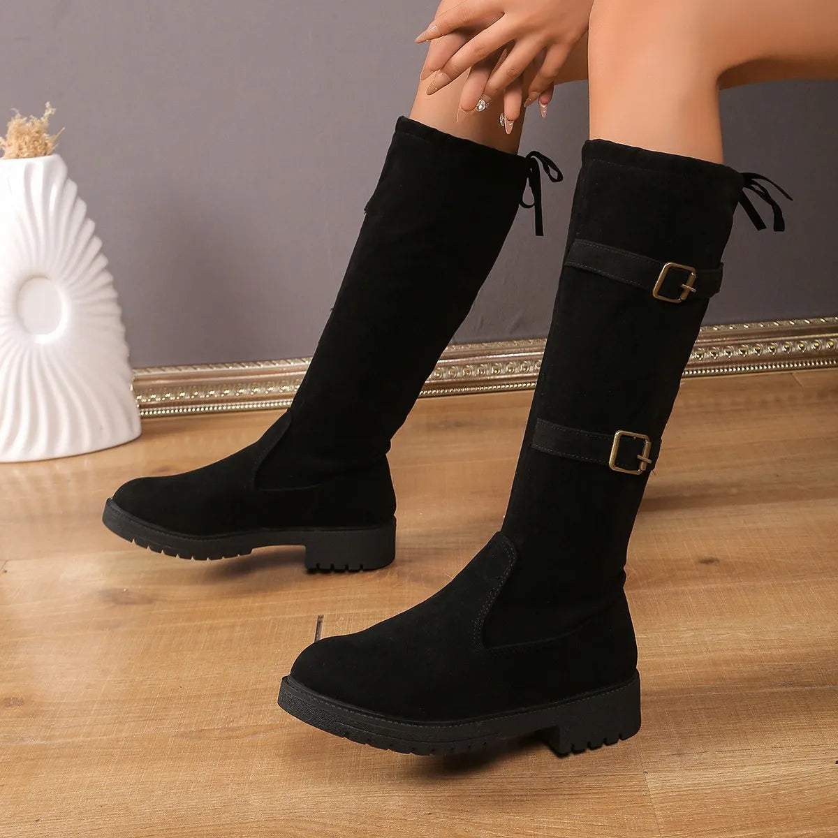 Ladies Tall Buckle Lace Up Boots - EasyApparels