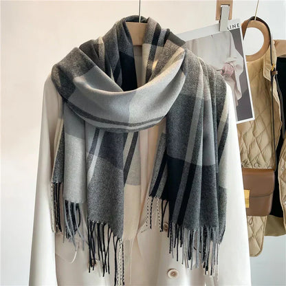 Large Plaid Scarf - Cozy Wool, Fringed Accessory