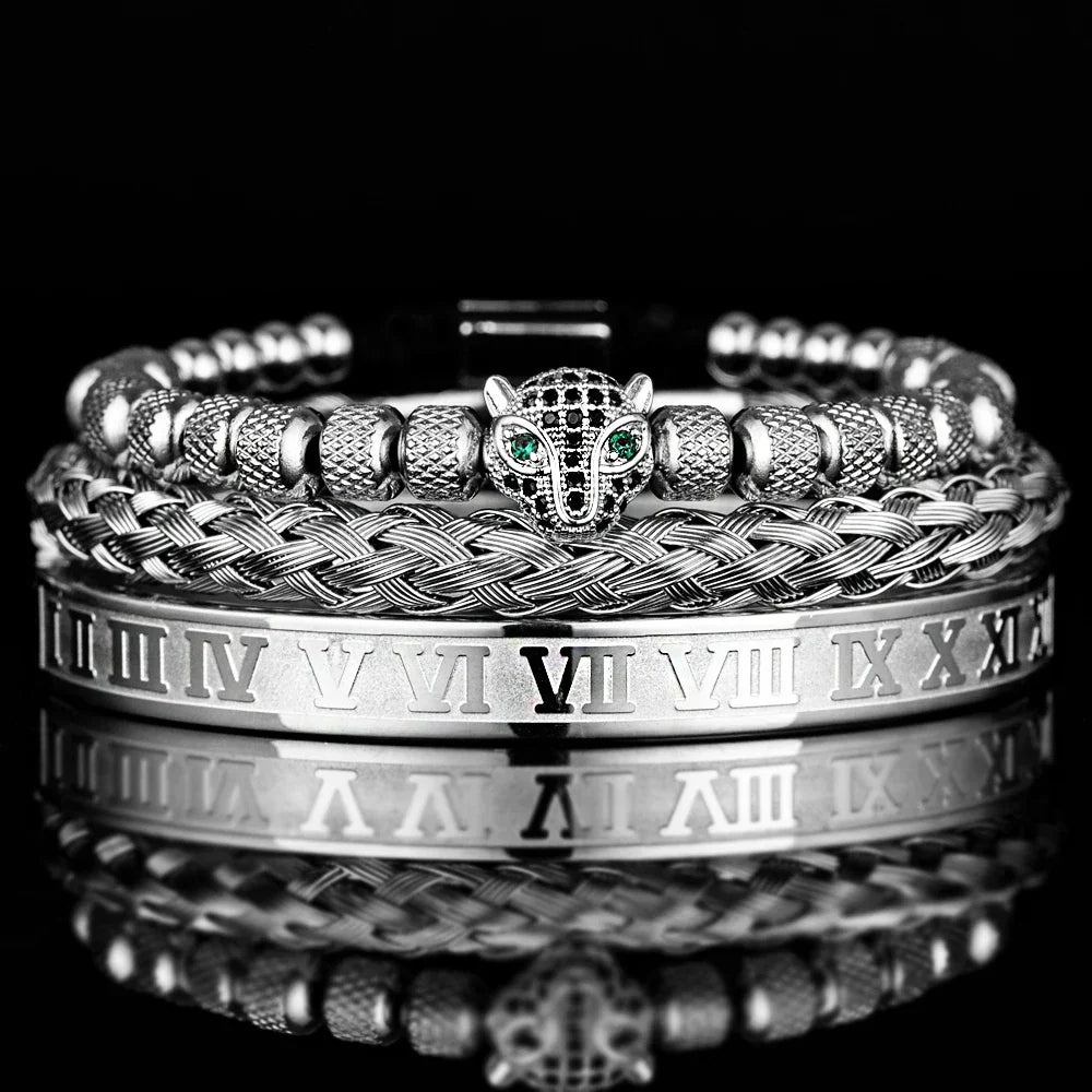 Elegant Panther Charm Braided Bangle Set