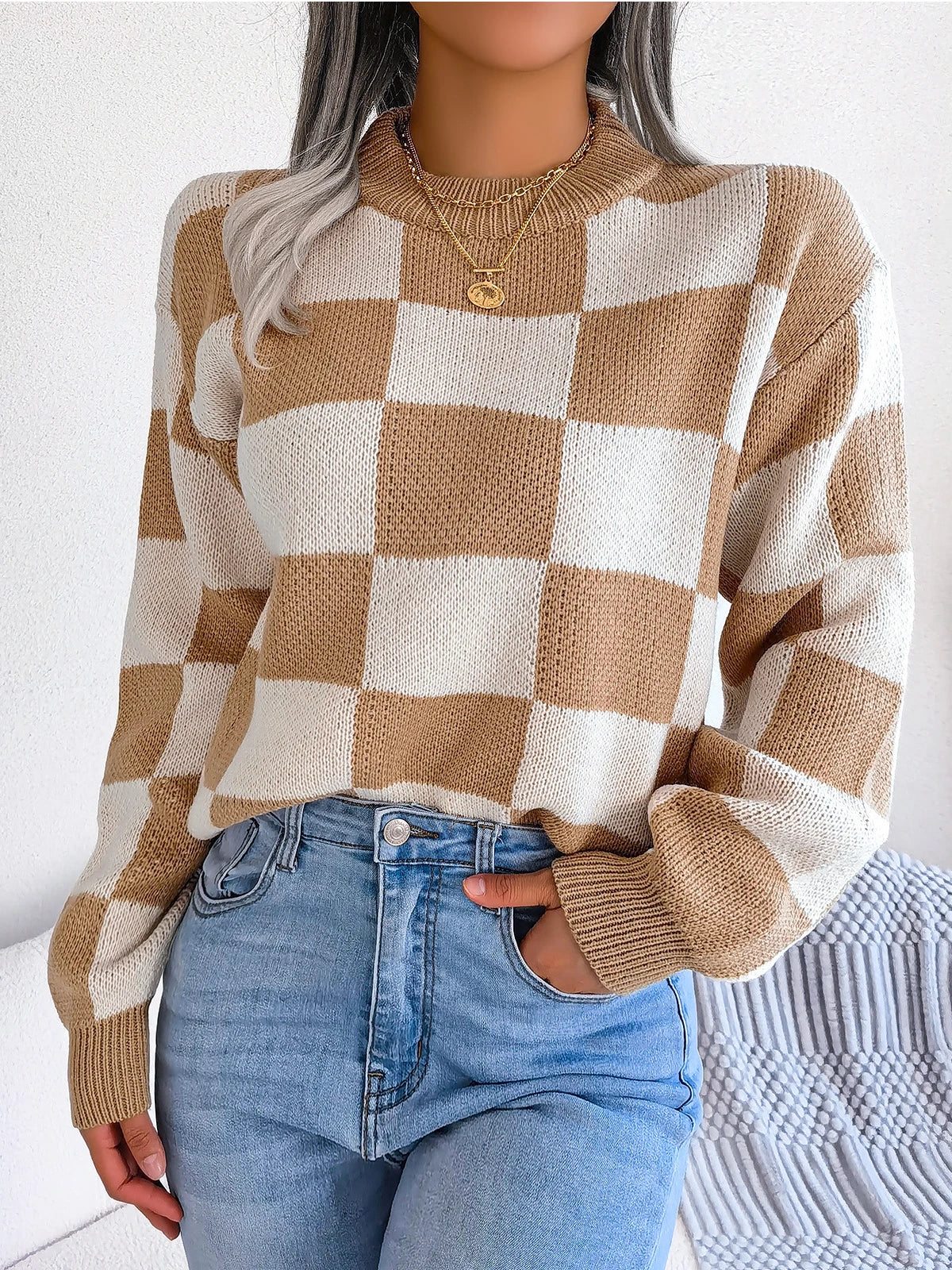 Purple Plaid Crew Neck Warm Sweater - Vossary